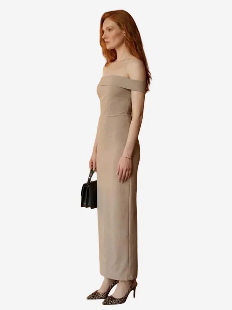 MY FASHION Beige Natural MY FASHION Off Shoulder Bodycon Maxi Dress with Slit for Women | Best Price UAE